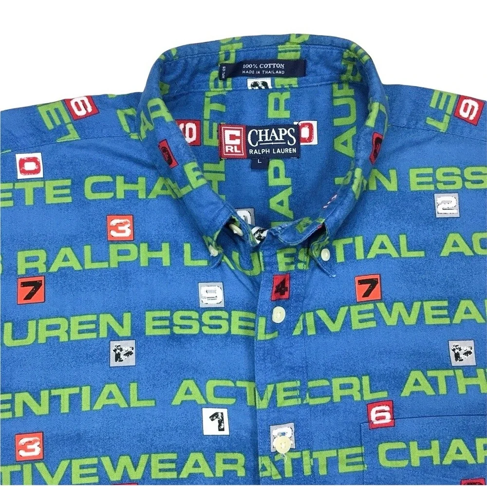 Vtg Rare Ralph Lauren Chaps Button Down Shirt Large All Over Print Activewear